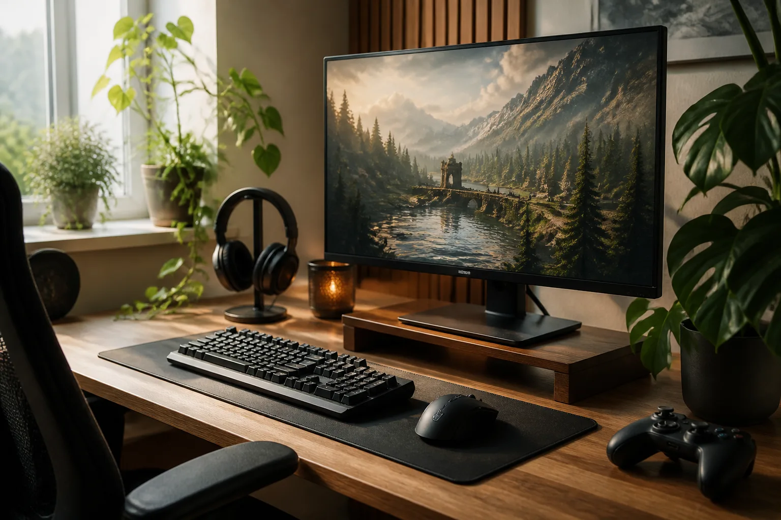 Editorial close-up of a gaming desk with a monitor, keyboard, mouse and controller arranged for comfort; no text or logos. gaming blog about Hardware & Ergonomics in Piotrków Trybunalski. Bright natural light.