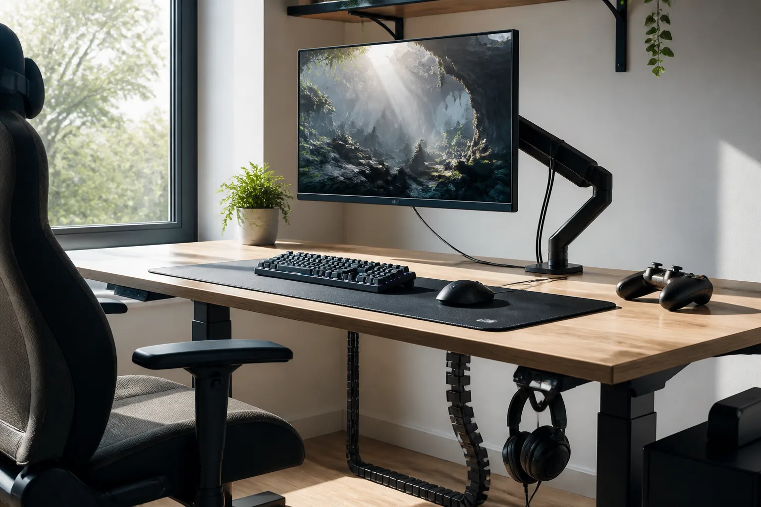 Editorial close-up of a gaming desk showing an adjustable display, keyboard, mouse, controller, chair and tidy cables; no text or logos. gaming blog about Hardware & Ergonomics in Piotrków Trybunalski. Bright natural light.