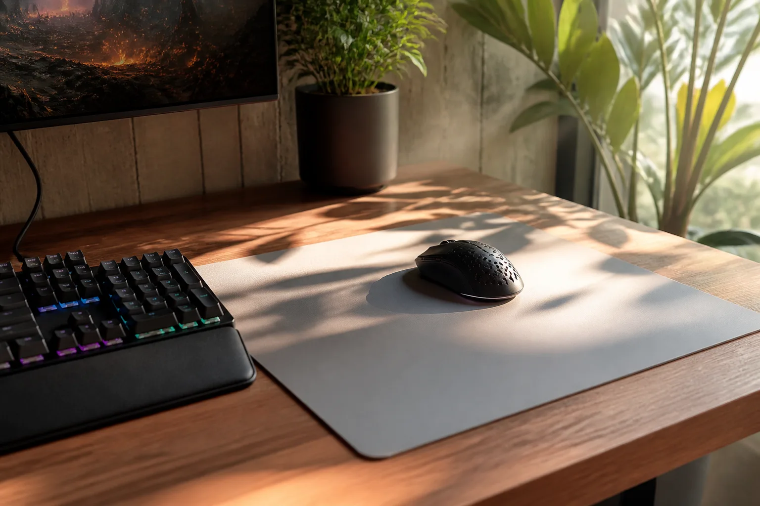 Redakcyjna scena biurka gamingowego z klawiaturą, myszą i wolną przestrzenią na podkładce; bez osób, tekstu i logotypów. gaming blog about Hardware & Ergonomics in Piotrków Trybunalski. Bright natural light.