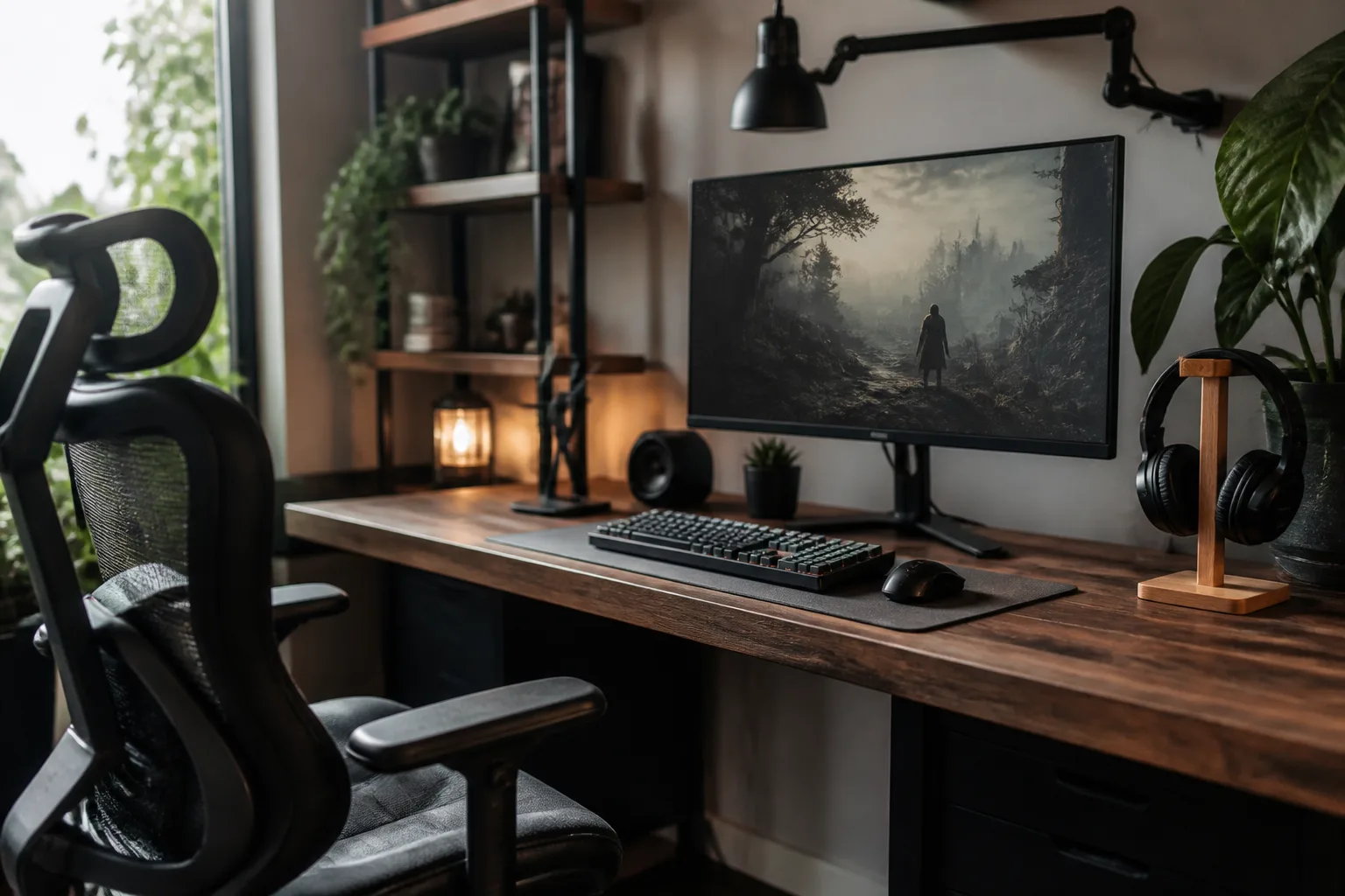 Sprzęt gamingowy i ergonomia workspace, natural detail, no logos. gaming blog about Hardware & Ergonomics in Piotrków Trybunalski. Bright natural light.